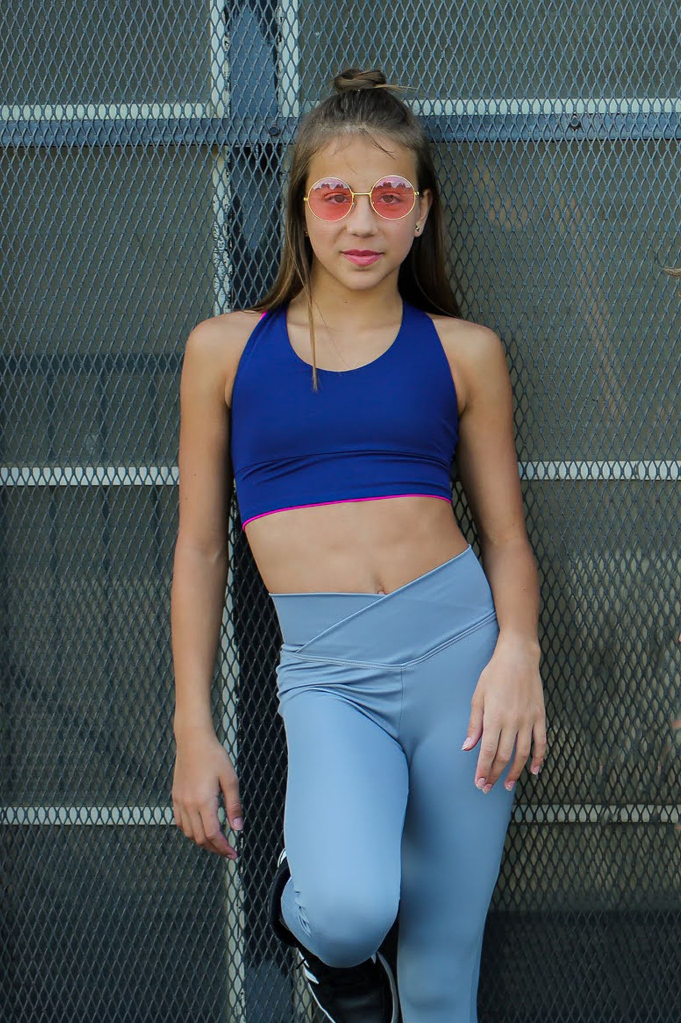 Maggie - Youth Navy and Fuchsia Reversible Crop
